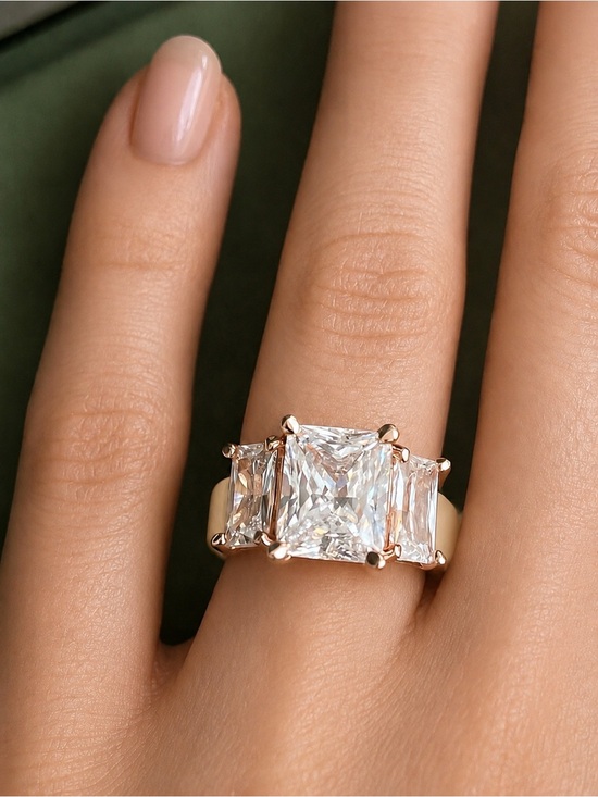 Unbranded Jewelry - Three-Stone Emerald Cut CZ Crystal Silicone band Ring in Gold / tan size 4